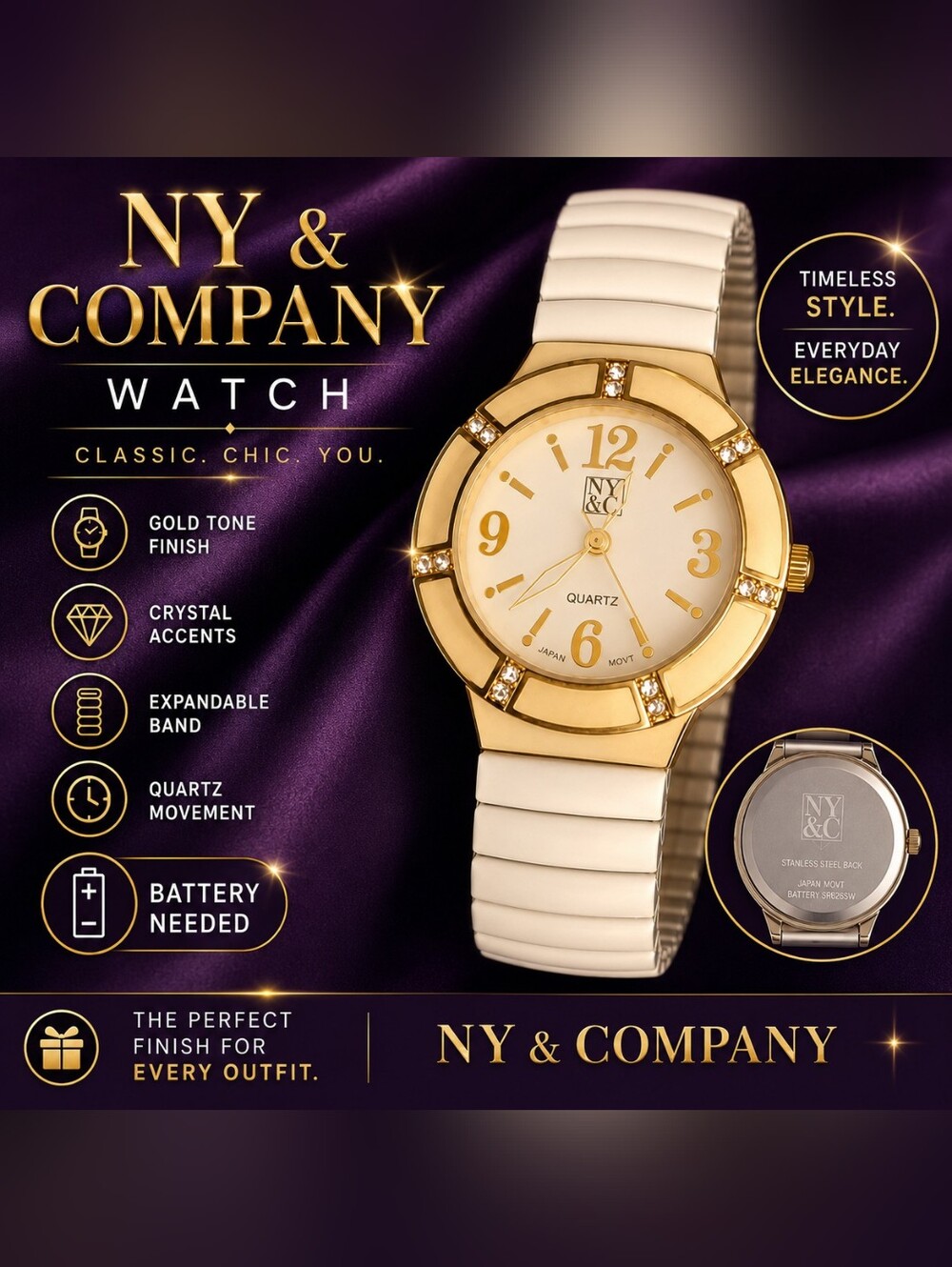 NY & Company Gold Tone White Expandable Band Quartz Watch